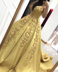 3D Lace Flowers Embroidery Satin Ball Gown Dresses