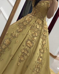 3D Lace Flowers Embroidery Satin Ball Gown Dresses