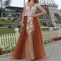 White Lace Appliques Champagne Tulle Mermaid Evening Dresses