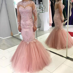 Pink Lace Appliques Long Sleeves Mermaid Evening Dresses