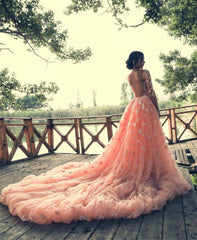 Peach Lace Long Sleeves Mermaid Prom Dresses Removable Skirt
