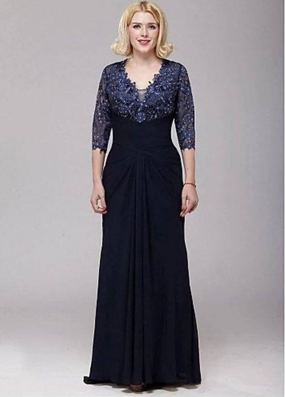 Navy Blue Mother Of The Bride Dresses A-line V-neck 3/4 Sleeves Chiffon Lace Beaded Groom Long Mother Dresses For Wedding - RongMoon