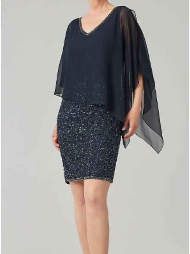 Sheath / Column Mother of the Bride Dress Sexy V Neck Knee Length Chiffon 3/4 Length Sleeve with Sequin - RongMoon