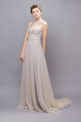 Chic Tulle Sleeveless Long Criss-cross Evening Dresses with Handmade Flowers