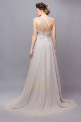 Chic Tulle Sleeveless Long Criss-cross Evening Dresses with Handmade Flowers