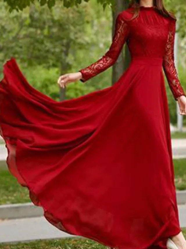 A-Line Luxurious Vintage Wedding Guest Formal Evening Dress Jewel Neck Long Sleeve Sweep / Brush Train Chiffon Lace with Pleats - RongMoon