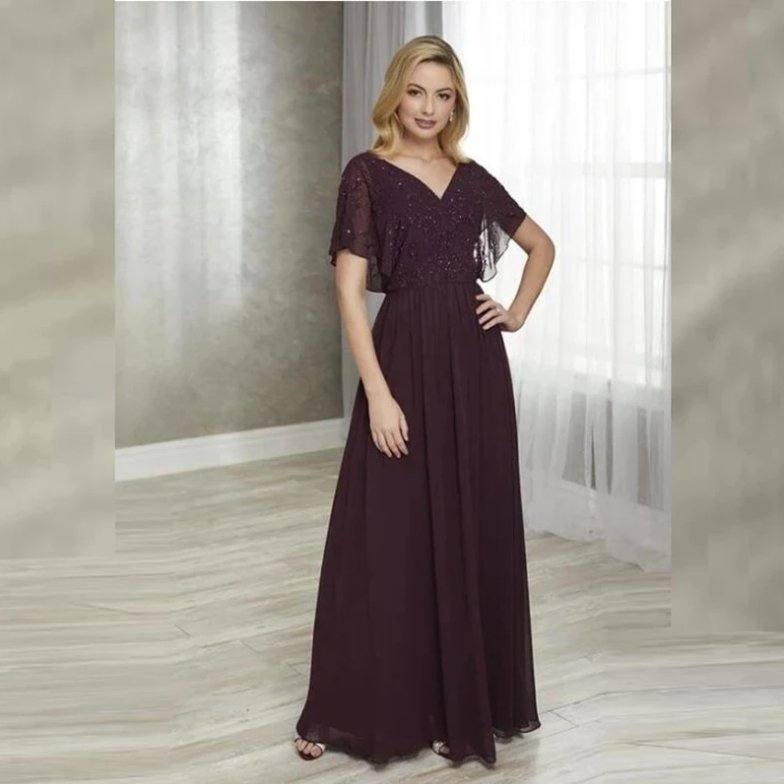 Brown Mother Of The Bride Dresses A-line V-neck Floor Length Chiffon Beaded Plus Size Long Groom Mother Dresses Wedding - RongMoon