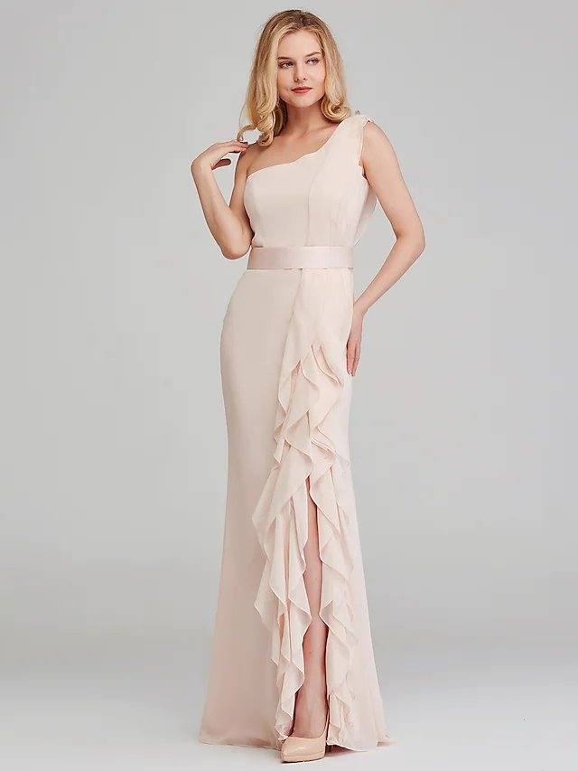 Sheath / Column One Shoulder Long Length Chiffon Bridesmaid Dress with Cascading Ruffles - RongMoon