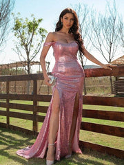 Sheath/Column Sequins Ruffles Off-the-Shoulder Sleeveless Sweep/Brush Train Dresses - RongMoon