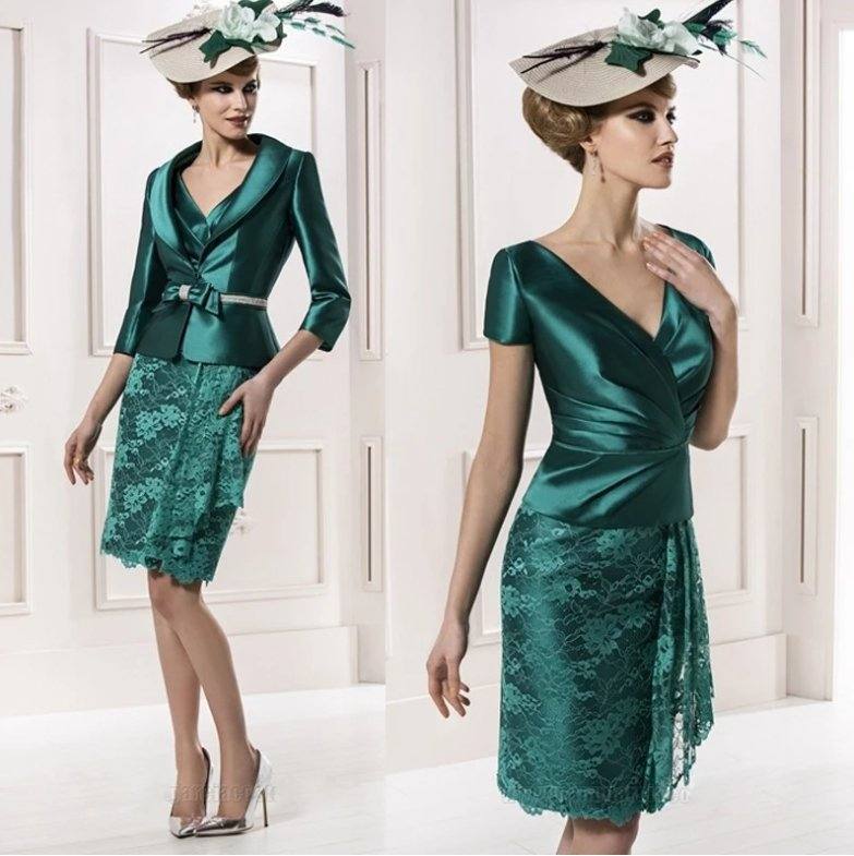 Green Mother Of The Bride Dresses Sheath Satin Lace With Jacket Short Wedding Party Dress Mother Dress For Wedding - RongMoon
