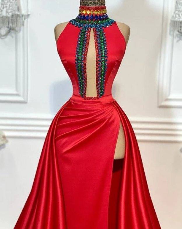 Red Robe De Soiree A-line High Collar Satin Crystals Slit Sexy Long Prom Dresses Prom Gown Evening Dresses - RongMoon