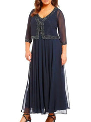 A-Line Mother of the Bride Dress Wrap Included V Neck Ankle Length Chiffon 3/4 Length Sleeve with Beading - RongMoon