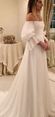 Ivory Chiffon Off Shoulder A-line Boho Beach Wedding Dresses,DB0159