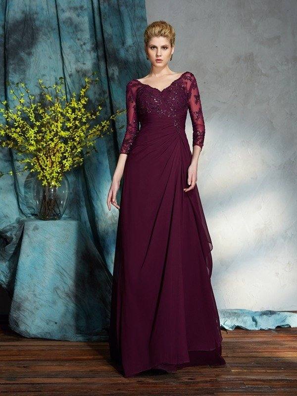 A-Line/Princess V-neck Beading 3/4 Sleeves Long Chiffon Mother of the Bride Dresses - RongMoon
