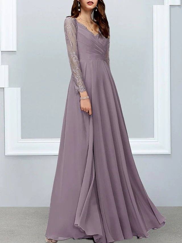 A-Line Mother of the Bride Dress Elegant V Neck Floor Length Chiffon Lace Long Sleeve with Lace Appliques - RongMoon