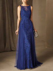 A-Line Mother of the Bride Dress Elegant Jewel Neck Floor Length Lace Sleeveless with Pleats Appliques - RongMoon
