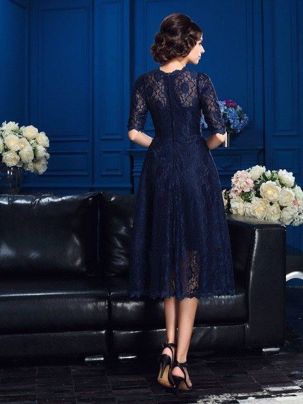 A-Line/Princess Jewel Lace 1/2 Sleeves Short Lace Mother of the Bride Dresses - RongMoon