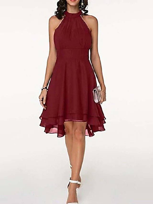 A-Line Flirty Empire Engagement Cocktail Party Dress Halter Neck Sleeveless Knee Length Chiffon with Sleek Tier - RongMoon