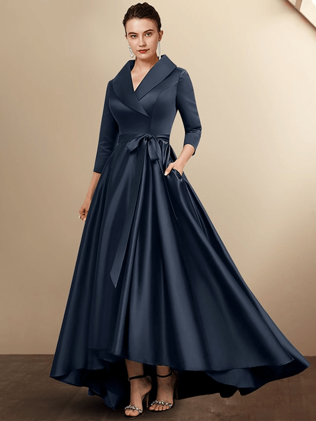 A-Line Mother of the Bride Dress Plus Size Elegant High Low Shirt Collar Asymmetrical Floor Length Satin - RongMoon