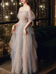A-Line Color Block Elegant Wedding Guest Prom Dress Scoop Neck Half Sleeve Floor Length Tulle with Pleats Ruffles - RongMoon