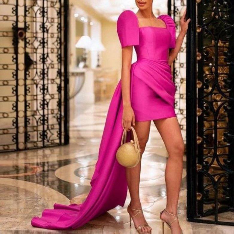 Fuchsia Satin High Low Prom Dresses Square Neckline Short Sleeves Pleats Evening Gowns Sweep Train Robe De Soiree Party Dress - RongMoon