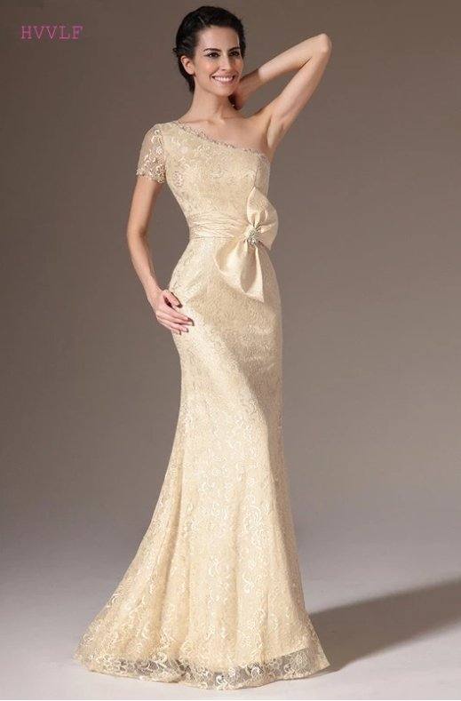 One-shoulder Evening Dresses Mermaid Lace Beaded Bow Long Formal Party Evening Gown Prom Dresses Robe De Soiree - RongMoon