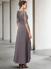 A-Line Mother of the Bride Dress Plus Size Elegant High Low V Neck Asymmetrical Ankle Length Chiffon Lace Half Sleeve - RongMoon