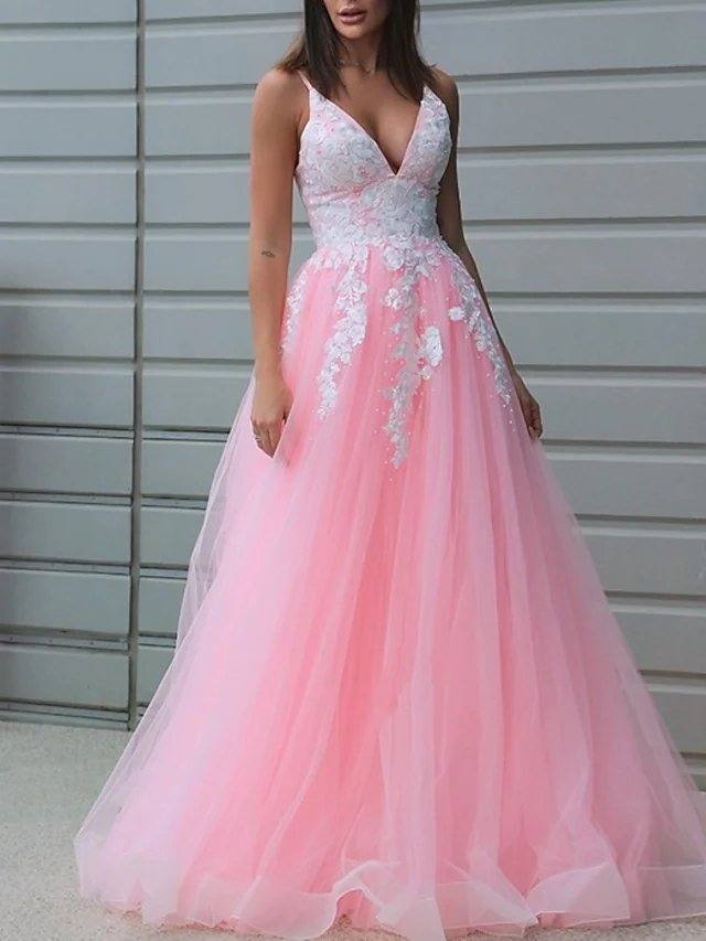 A-Line Empire Sexy Engagement Prom Dress V Neck Sleeveless Floor Length Lace Tulle with Appliques - RongMoon