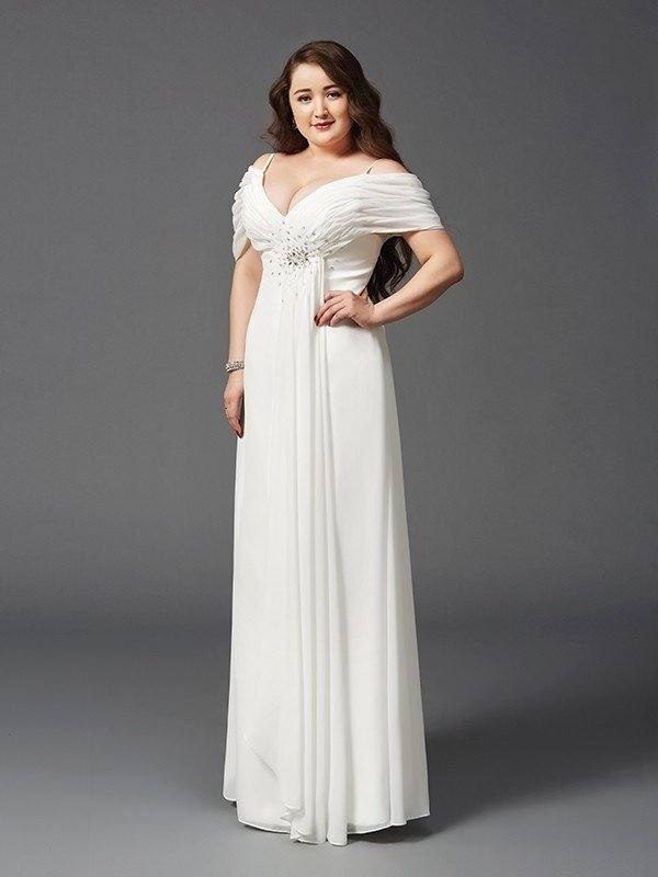 A-Line/Princess Off-the-Shoulder Ruched Short Sleeves Long Chiffon Plus Size Dresses - RongMoon