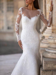 Mermaid / Trumpet Wedding Dresses Jewel Neck Court Train Lace Tulle Long Sleeve Formal with Appliques - RongMoon