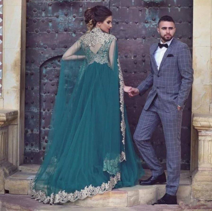 Green Muslim Evening Dresses A-line Tulle Appliques Lace Beaded Islamic Dubai Saudi Arabic Long Formal Evening Gown - RongMoon