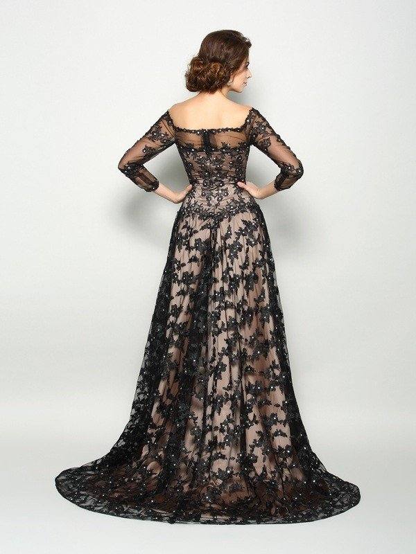 A-Line/Princess Off-the-Shoulder Lace 3/4 Sleeves Long Satin Mother of the Bride Dresses - RongMoon