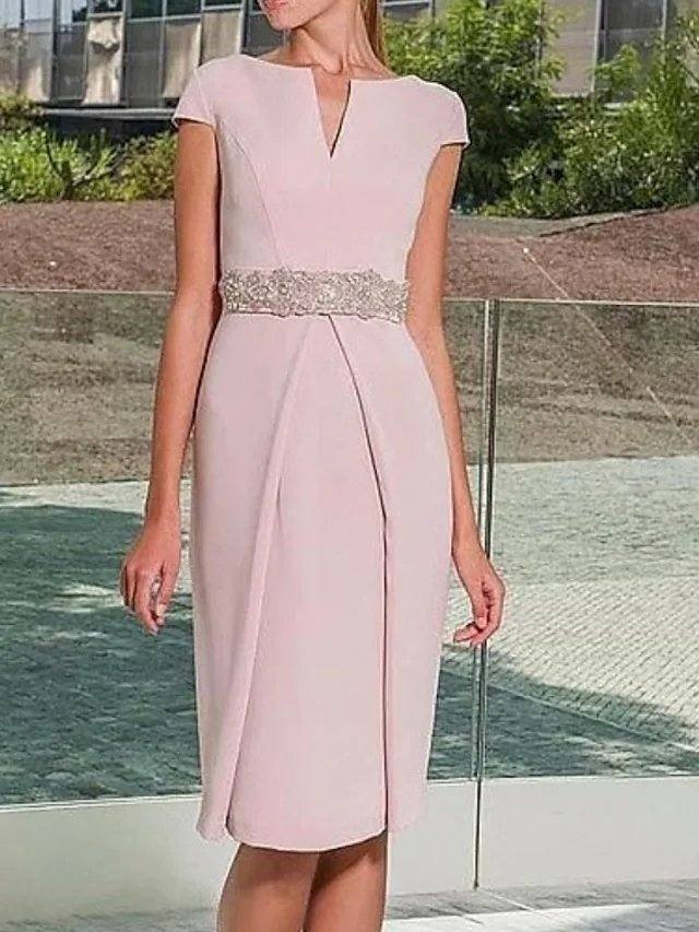 Sheath / Column Mother of the Bride Dress Elegant Jewel Neck Knee Length Satin Short Sleeve with Sash / Ribbon Beading - RongMoon