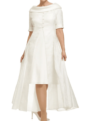 Sheath / Column Mother of the Bride Dress Elegant Cowl Neck Knee Length Chiffon Satin Half Sleeve with Buttons - RongMoon