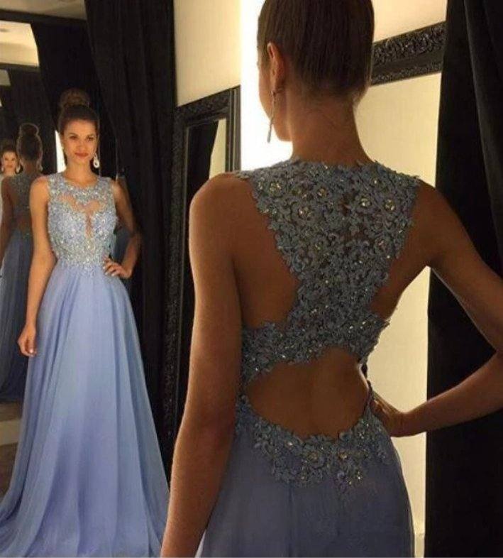 Backless Prom Dresses A-line Scoop Chiffon Appliques Beaded Dubai Saudi Arabic Long Robe De Soiree Prom Gown Evening Dresses - RongMoon