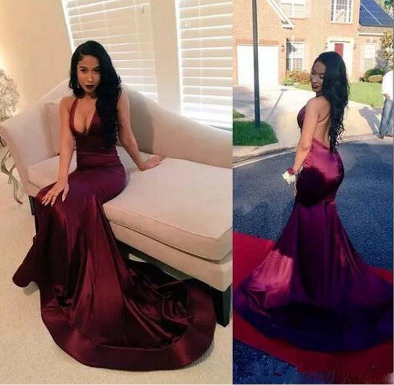 Burgundy Robe De Soiree Mermaid Deep V-neck Backless Sexy Long Women Party Prom Dresses Prom Gown Evening Dresses - RongMoon