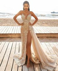 Champagne Mermaid High Split Prom Dresses robes de soirée Spaghetti Straps Lace Beaded Evening Gowns - RongMoon