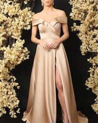 Sexy Off The Shoulder Long Satin V-neck Bridesmaid Dresses Leg Split - RongMoon