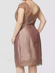 Sheath / Column Mother of the Bride Dress Plus Size Elegant Jewel Neck Knee Length Lace Long Sleeve with Lace - RongMoon