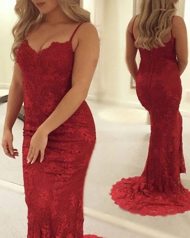 Red Lace Prom Dress Mermaid Spaghetti Straps - RongMoon