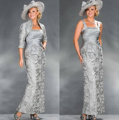 Silver Mother Of The Bride Dresses Sheath With Jacket Lace Beaded Long Wedding Party Dresses Mother Dresses For Wedding - RongMoon
