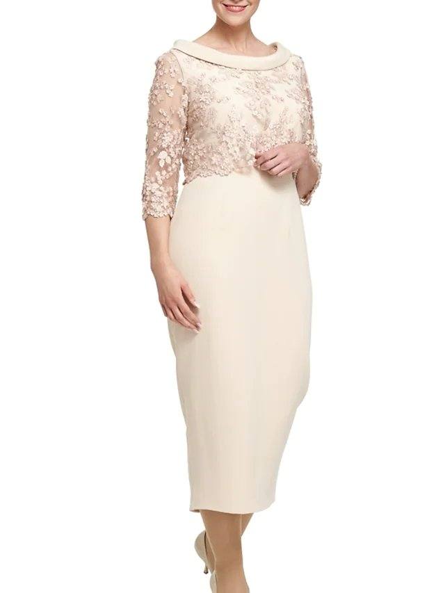 Sheath / Column Mother of the Bride Dress Elegant Jewel Neck Knee Length Lace Satin 3/4 Length Sleeve with Appliques - RongMoon