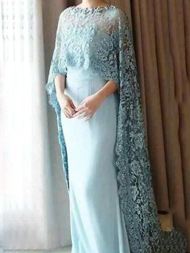 Sheath / Column Mother of the Bride Dress Elegant Jewel Neck Floor Length Chiffon Lace 3/4 Length Sleeve with Lace Appliques - RongMoon