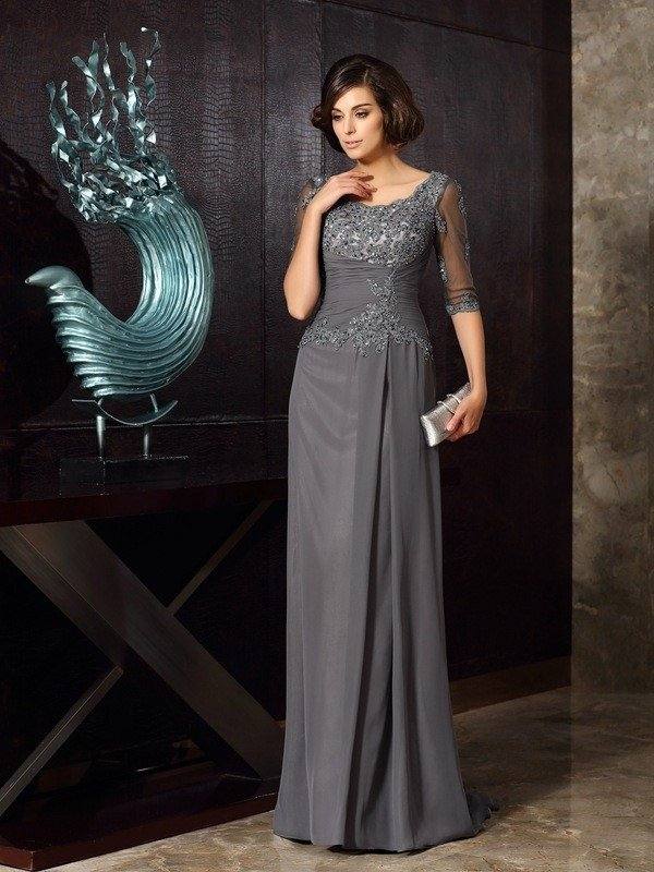 A-Line/Princess Scoop Beading 1/2 Sleeves Long Chiffon Mother of the Bride Dresses - RongMoon