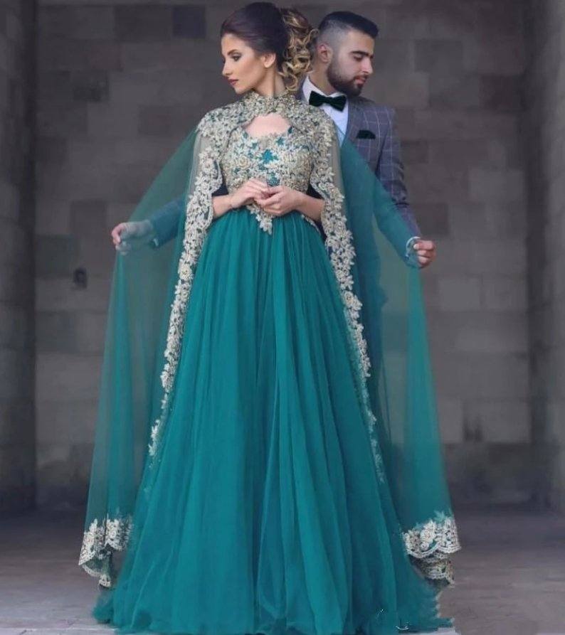 Green Muslim Evening Dresses A-line Tulle Appliques Lace Beaded Islamic Dubai Saudi Arabic Long Formal Evening Gown - RongMoon