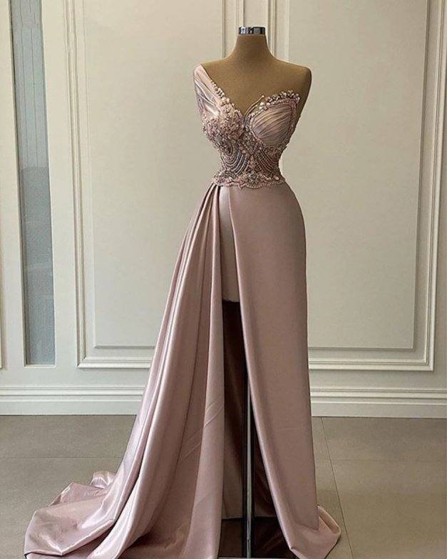 Sexy Robe De Soiree A-line One-shoulder Floor Length Beaded Slit Long Prom Dresses Prom Gown Evening Dresses - RongMoon