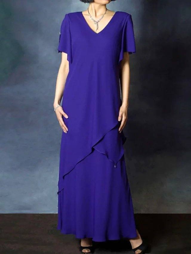 Sheath / Column Mother of the Bride Dress Elegant V Neck Floor Length Chiffon Short Sleeve with Ruffles - RongMoon