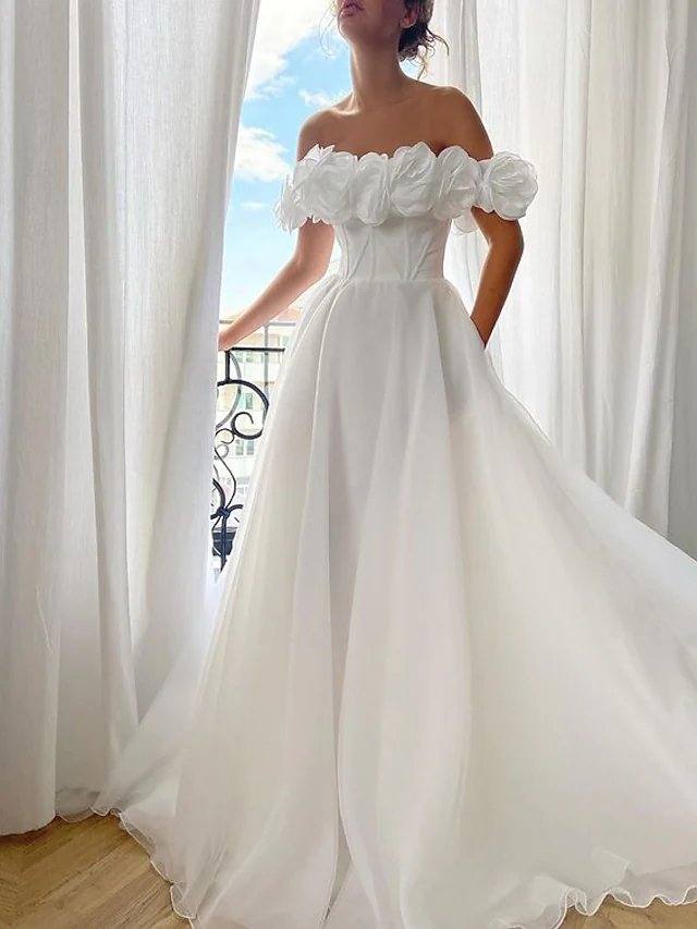 A-Line Elegant Floral Engagement Prom Dress Off Shoulder Sleeveless Sweep / Brush Train Organza with Sleek - RongMoon