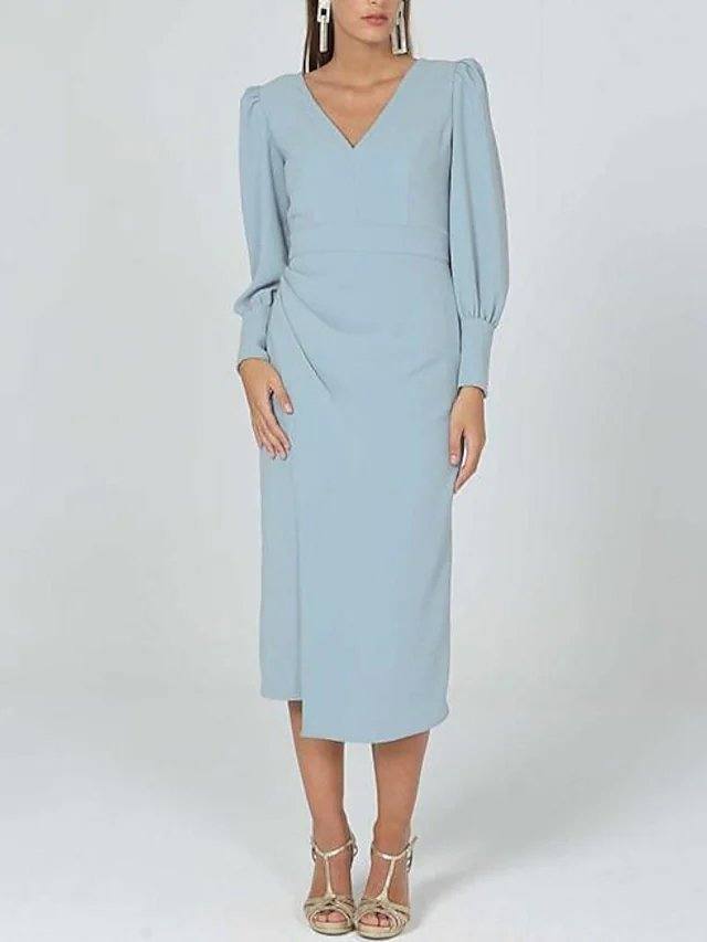 Sheath / Column Mother of the Bride Dress Elegant V Neck Tea Length Stretch Fabric Long Sleeve with Ruching - RongMoon