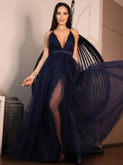 A-Line/Princess Tulle Ruffles V-neck Sleeveless Floor-Length Dresses - RongMoon